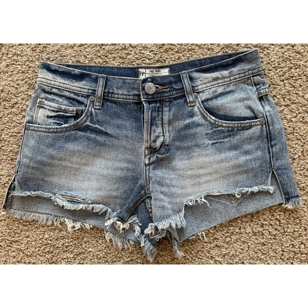 Free People Jean Shorts‎ Women's 24 Blue Button Fly Distressed Waist 28 Actual
